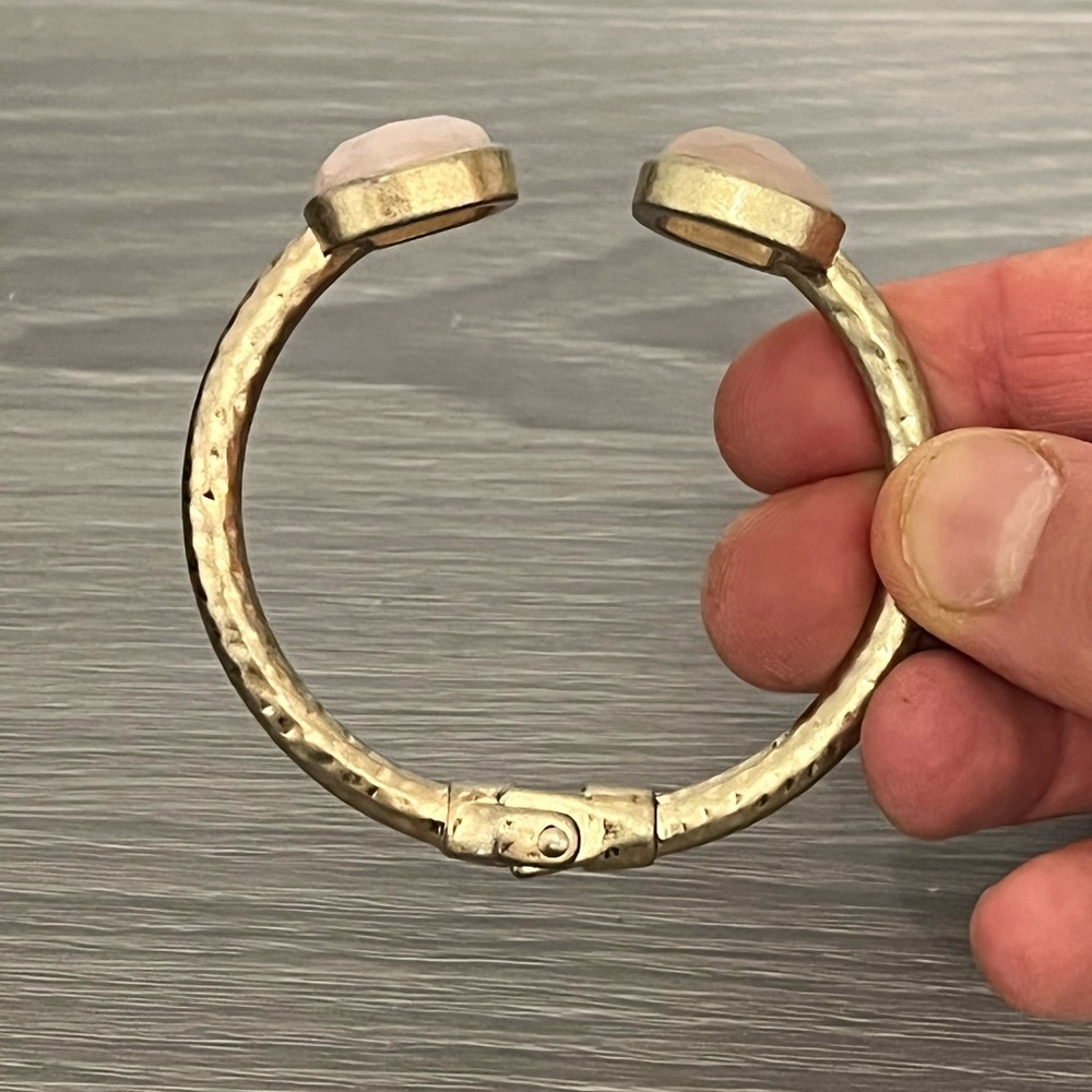 Vintage Gold Hinged Bangle Bracelet with Light Pink Gemstones, Boho - Picture 5 of 8